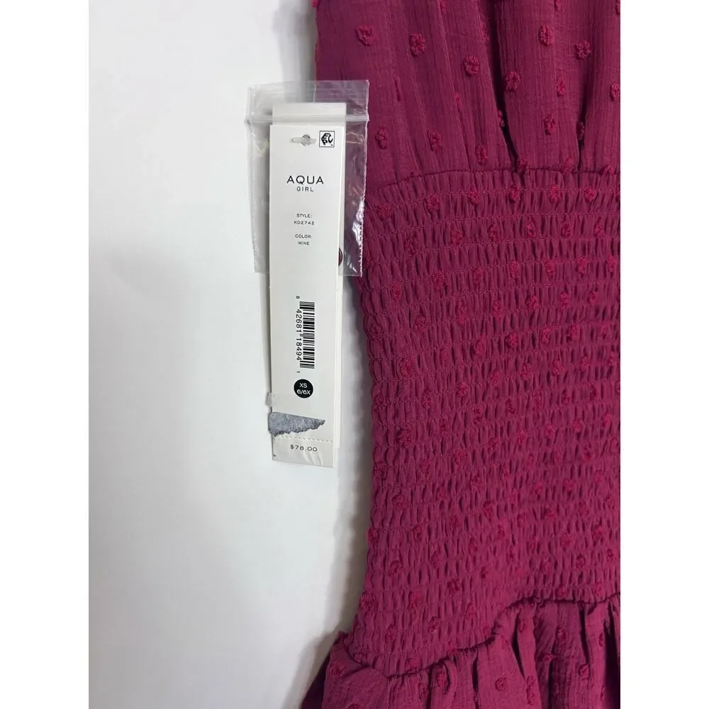 Aqua Girls‎ Swiss Dot Smocked Dress Color: Wine Size XS 6/6X
